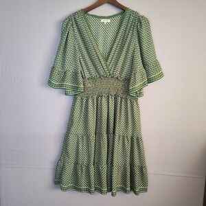 Max Studio Green Geometric Tile Print Smocked Waist Tiered V-Neck Dress XL